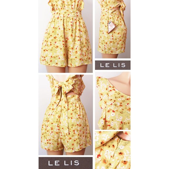 Yellow Floral Ruffle Tie Bow Open Back Cute Romper - Picture 5 of 7